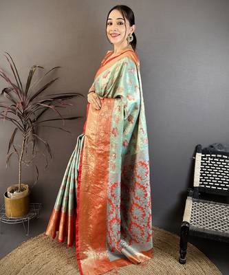 mint green floral zari woven art silk saree with unstitched blouse piece 3