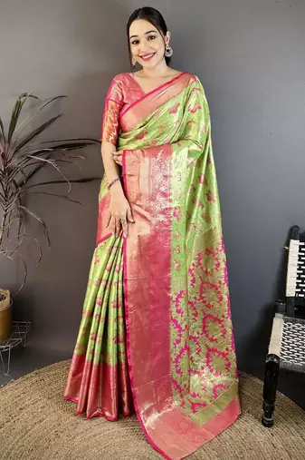parrot green floral zari woven art silk saree with unstitched blouse piece