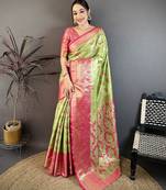parrot green floral zari woven art silk saree with unstitched blouse piece