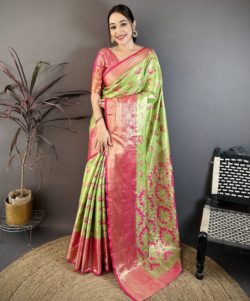 parrot green floral zari woven art silk saree with unstitched blouse piece