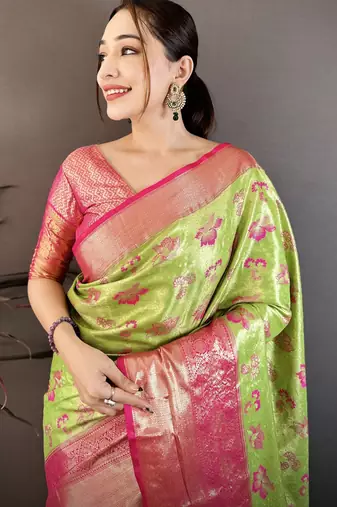 parrot green floral zari woven art silk saree with unstitched blouse piece