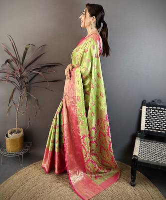 parrot green floral zari woven art silk saree with unstitched blouse piece 3