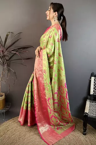 parrot green floral zari woven art silk saree with unstitched blouse piece