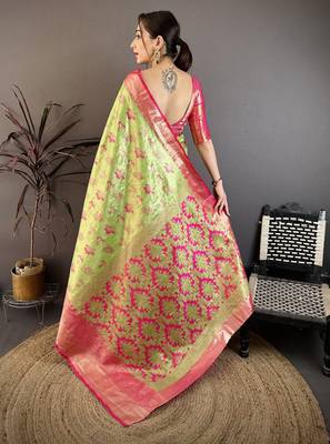 parrot green floral zari woven art silk saree with unstitched blouse piece 4