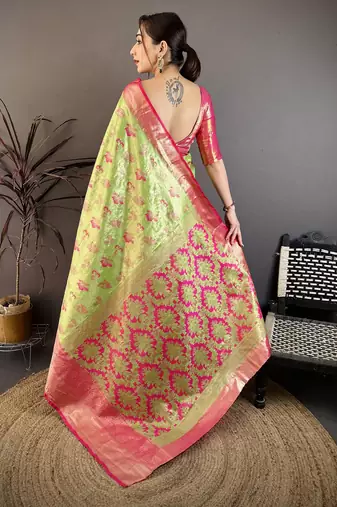 parrot green floral zari woven art silk saree with unstitched blouse piece