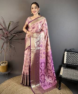 pink floral zari woven art silk saree with unstitched blouse piece 1