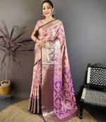 pink floral zari woven art silk saree with unstitched blouse piece