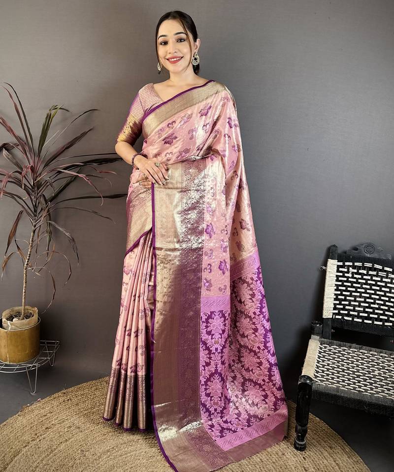pink floral zari woven art silk saree with unstitched blouse piece