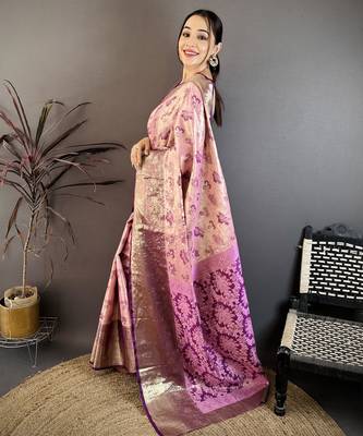 pink floral zari woven art silk saree with unstitched blouse piece 3