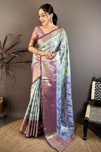 sky blue floral zari woven art silk saree with unstitched blouse piece