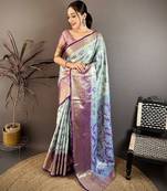 sky blue floral zari woven art silk saree with unstitched blouse piece