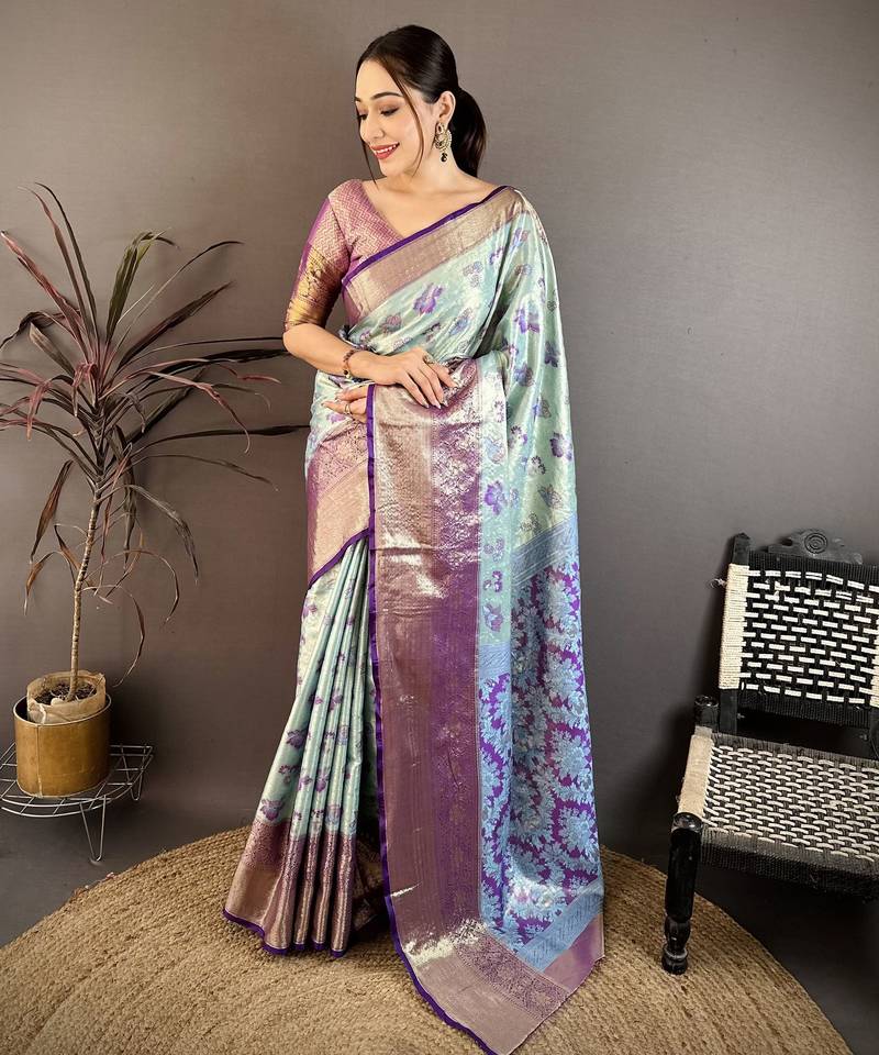 sky blue floral zari woven art silk saree with unstitched blouse piece
