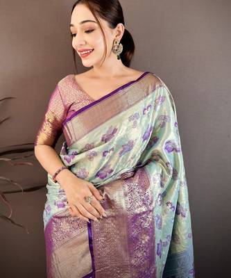 sky blue floral zari woven art silk saree with unstitched blouse piece 2
