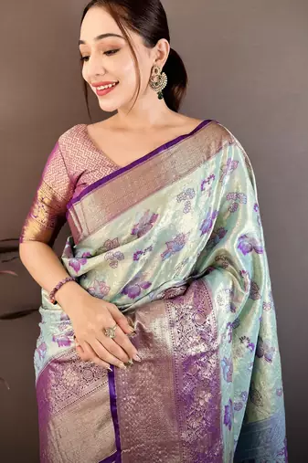 sky blue floral zari woven art silk saree with unstitched blouse piece
