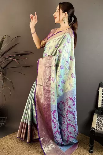 sky blue floral zari woven art silk saree with unstitched blouse piece