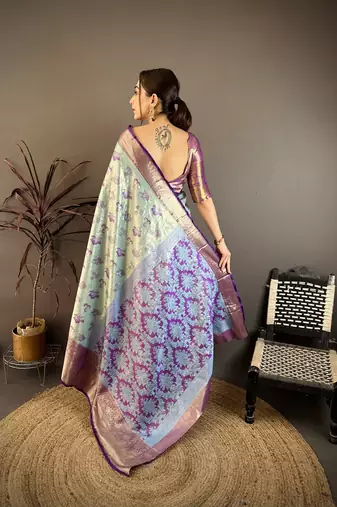 sky blue floral zari woven art silk saree with unstitched blouse piece