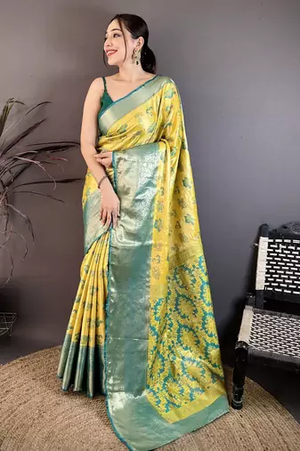 yellow floral zari woven art silk saree with unstitched blouse piece