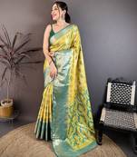 yellow floral zari woven art silk saree with unstitched blouse piece