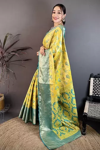 yellow floral zari woven art silk saree with unstitched blouse piece