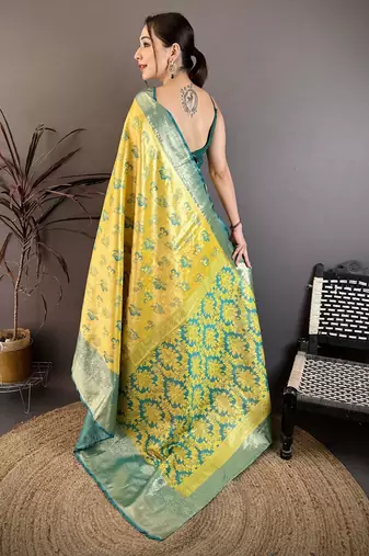 yellow floral zari woven art silk saree with unstitched blouse piece