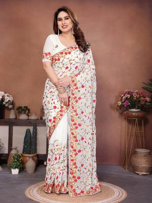 White Floral Printed Designer Saree for Women 1