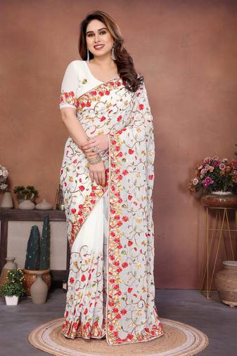 White Floral Printed Designer Saree for Women
