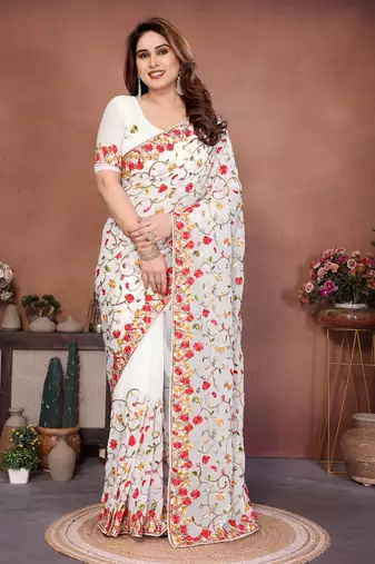 White Floral Printed Designer Saree for Women