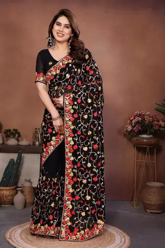 Black Floral Printed Designer Saree for Women