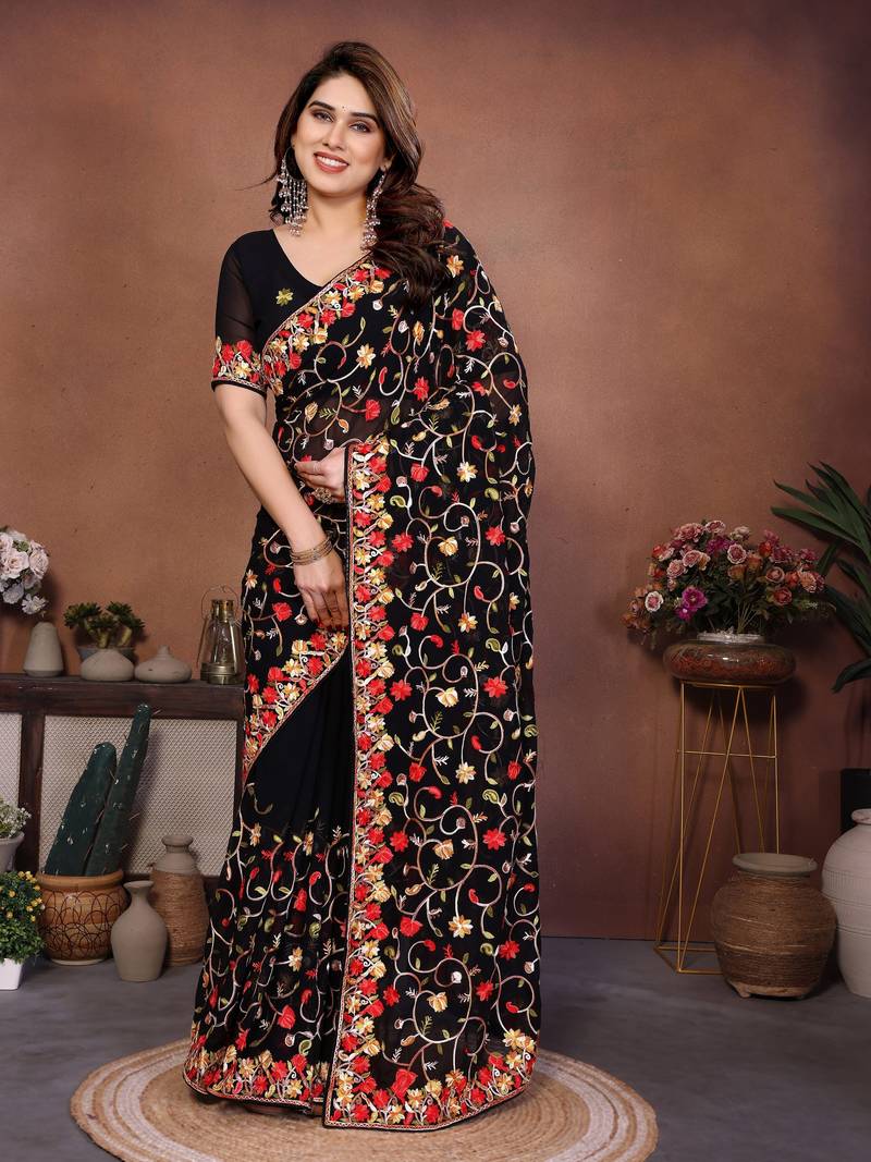 Black Floral Printed Designer Saree for Women