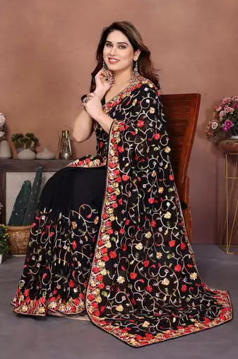 Black Floral Printed Designer Saree for Women