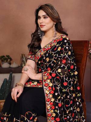 Black Floral Printed Designer Saree for Women 3