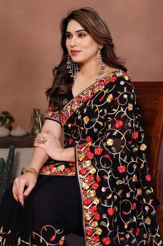 Black Floral Printed Designer Saree for Women