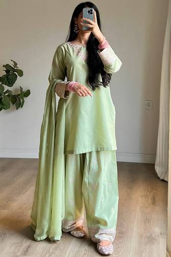 Light green rayon cotton silk kurta farshi salwar dupatta set