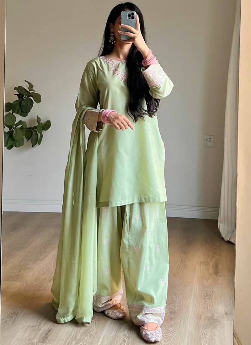 Light green rayon cotton silk kurta farshi salwar dupatta set