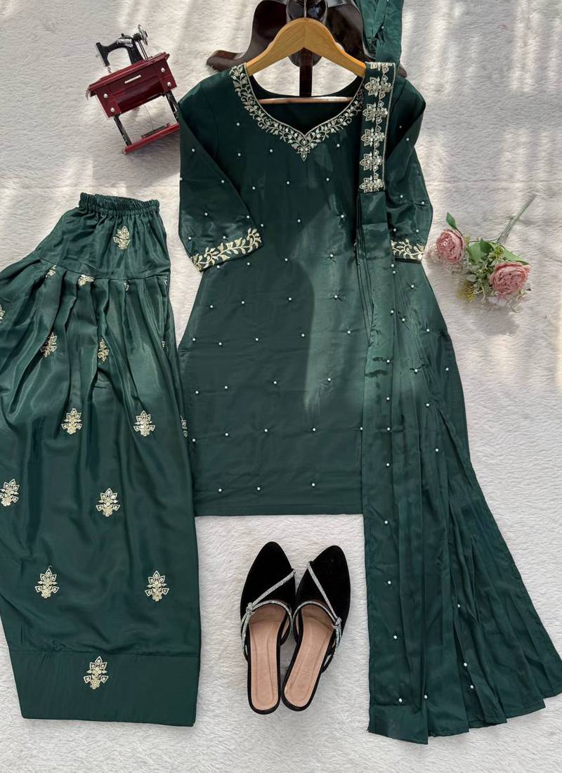 green crepe kurta set