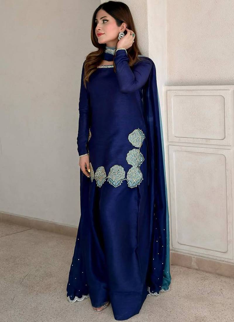 blue crepe kurta set
