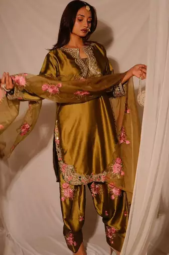 yellow satin kurta set
