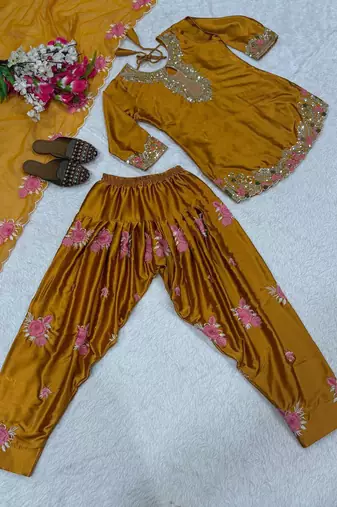 yellow satin kurta set