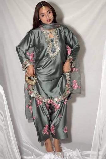 grey satin kurta set
