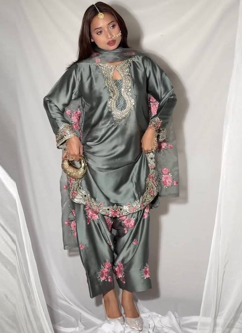 grey satin kurta set