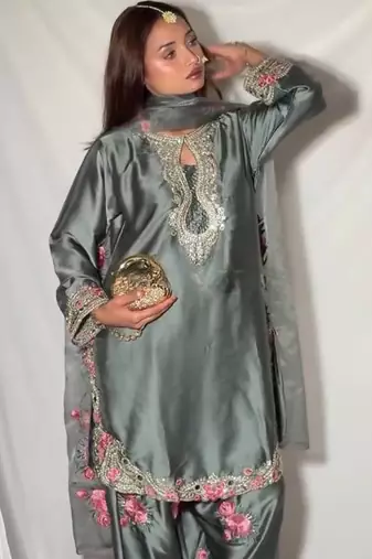 grey satin kurta set
