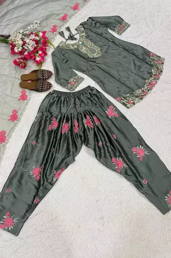 grey satin kurta set