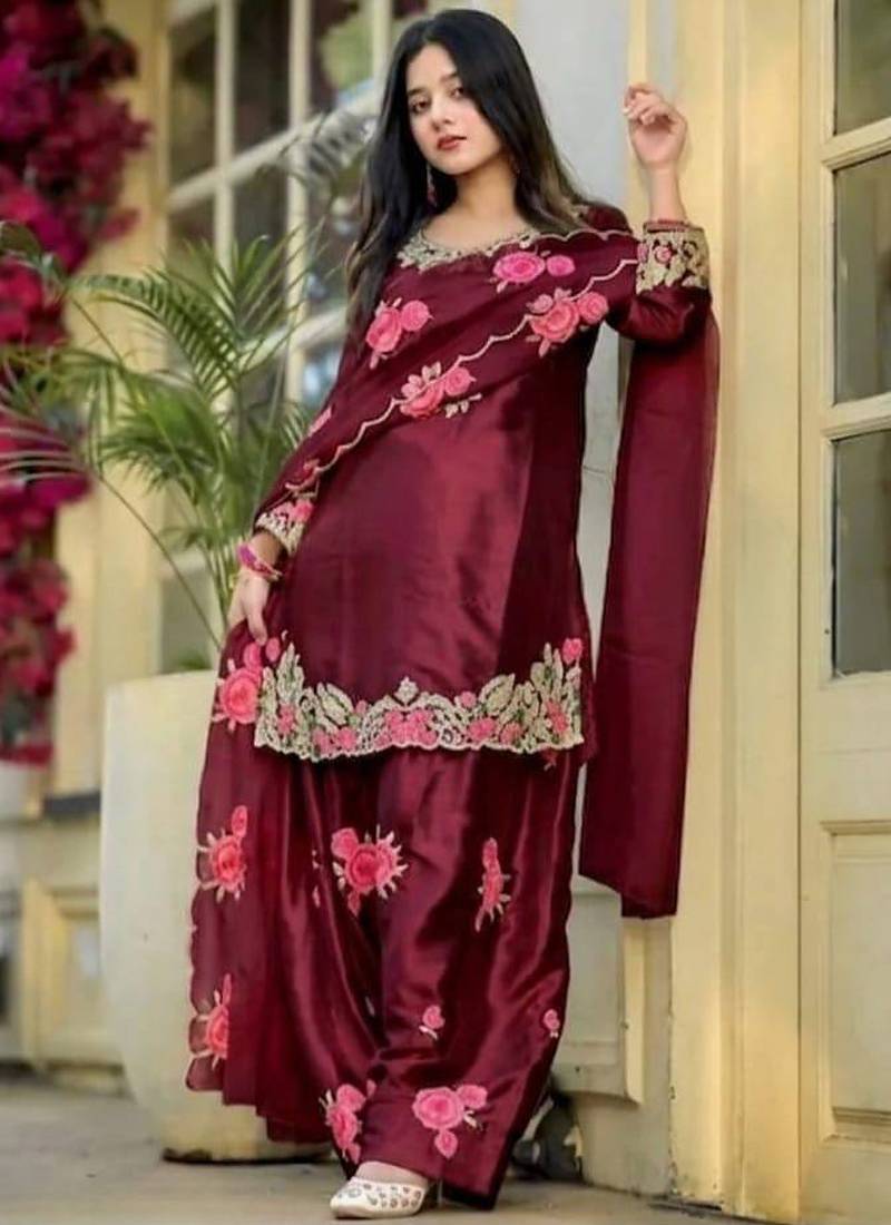 maroon satin kurta set