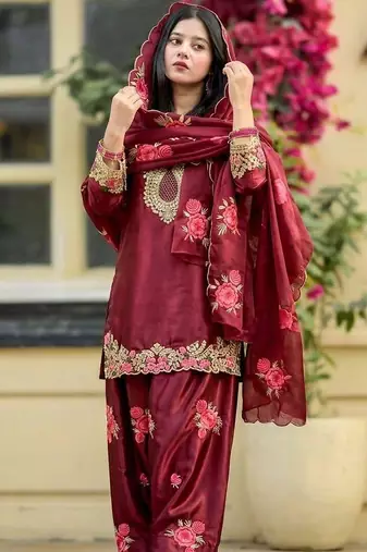 maroon satin kurta set
