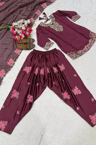 maroon satin kurta set