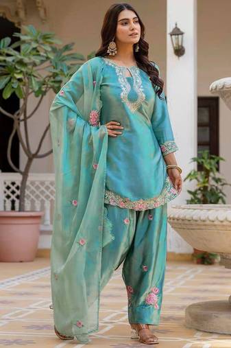 turquoise satin kurta set