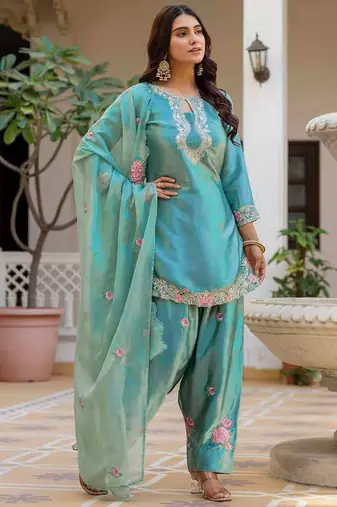 turquoise satin kurta set