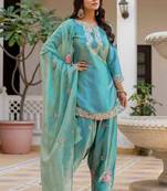 turquoise satin kurta set