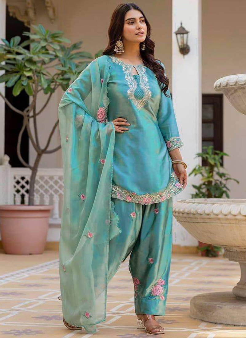 turquoise satin kurta set