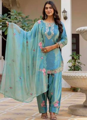turquoise satin kurta set 2